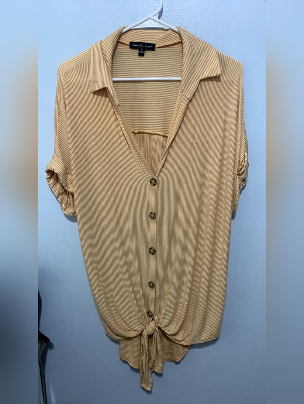 Button-Front Tie-Hem Women's Top in Tan - Picture 2 of 4